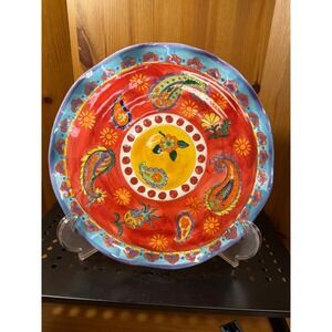 Paisley 10.5" Ceramic Dinner Plate Colorful Red Blue Floral Scalloped Edge